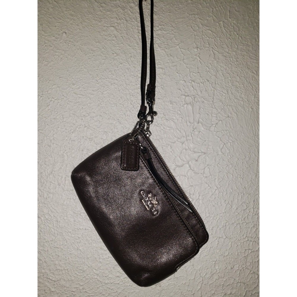 Coach New York Leather Wristlet Clutch Dark Brown Two Zip Pockets with Tassle